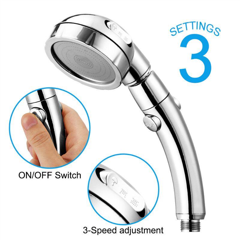 Effizienter tragbarer 360-Grad-Drehduschkopf mit drei Wasserstrahlarten und ergonomischem Stoppknopf