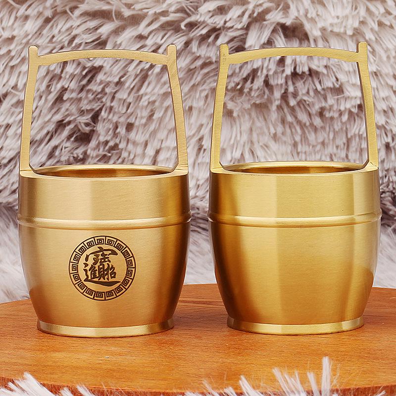 Large Polished Brass Bucket Ornament – Creative Desktop Treasure Character Decoration