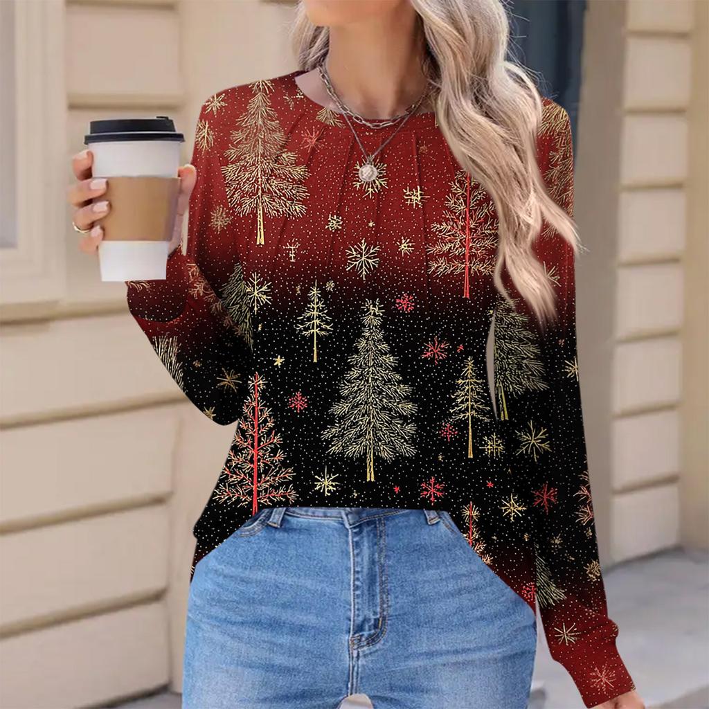 Women's Fashionable Casual Christmas Printed Pleated Comfortable Round Neck Loose Long Sleeve T-Shirt Top