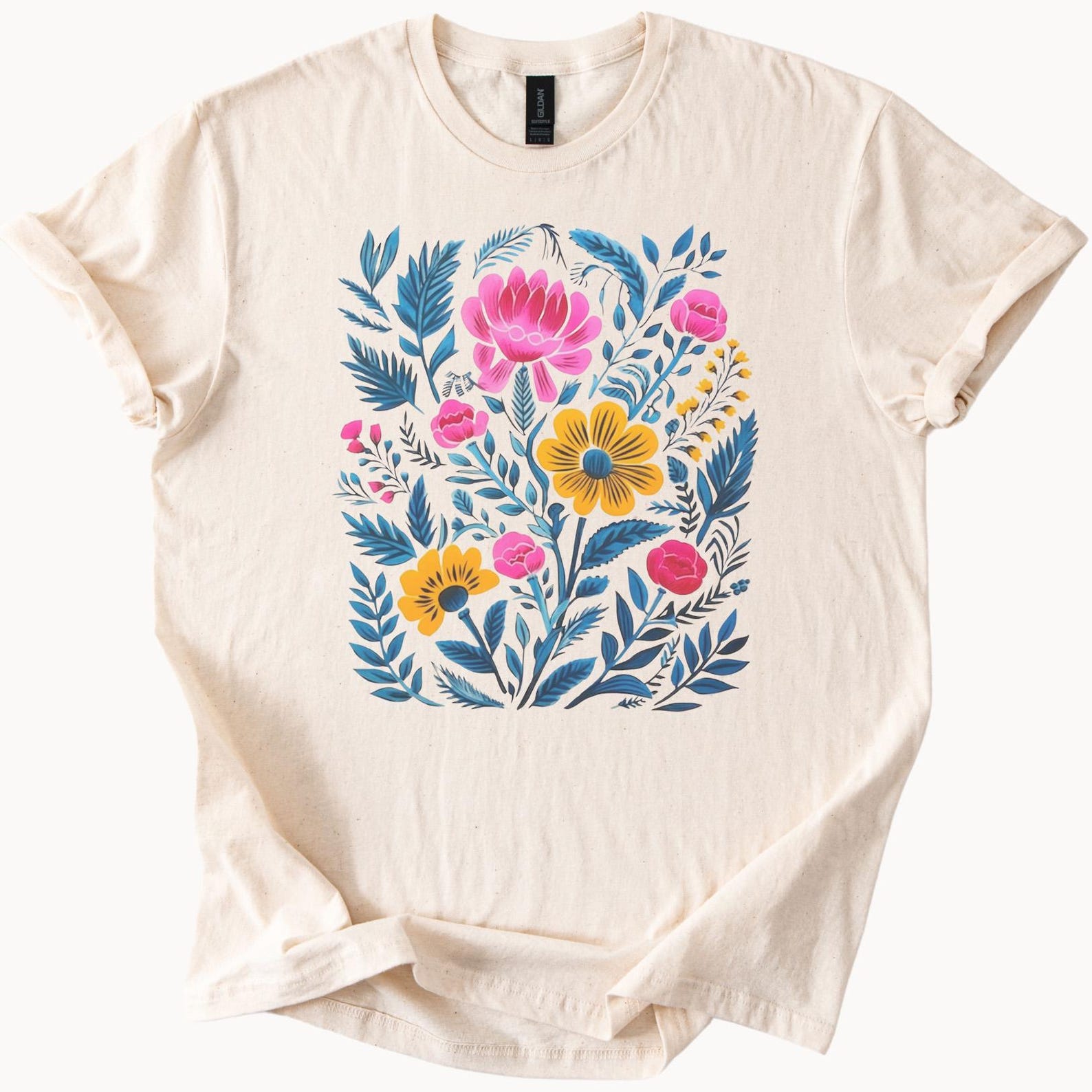 Flower Garden T Shirt Graphic Pink Yellow Blue Wildflower Art Nature Botanical Tee Short Sleeve 160