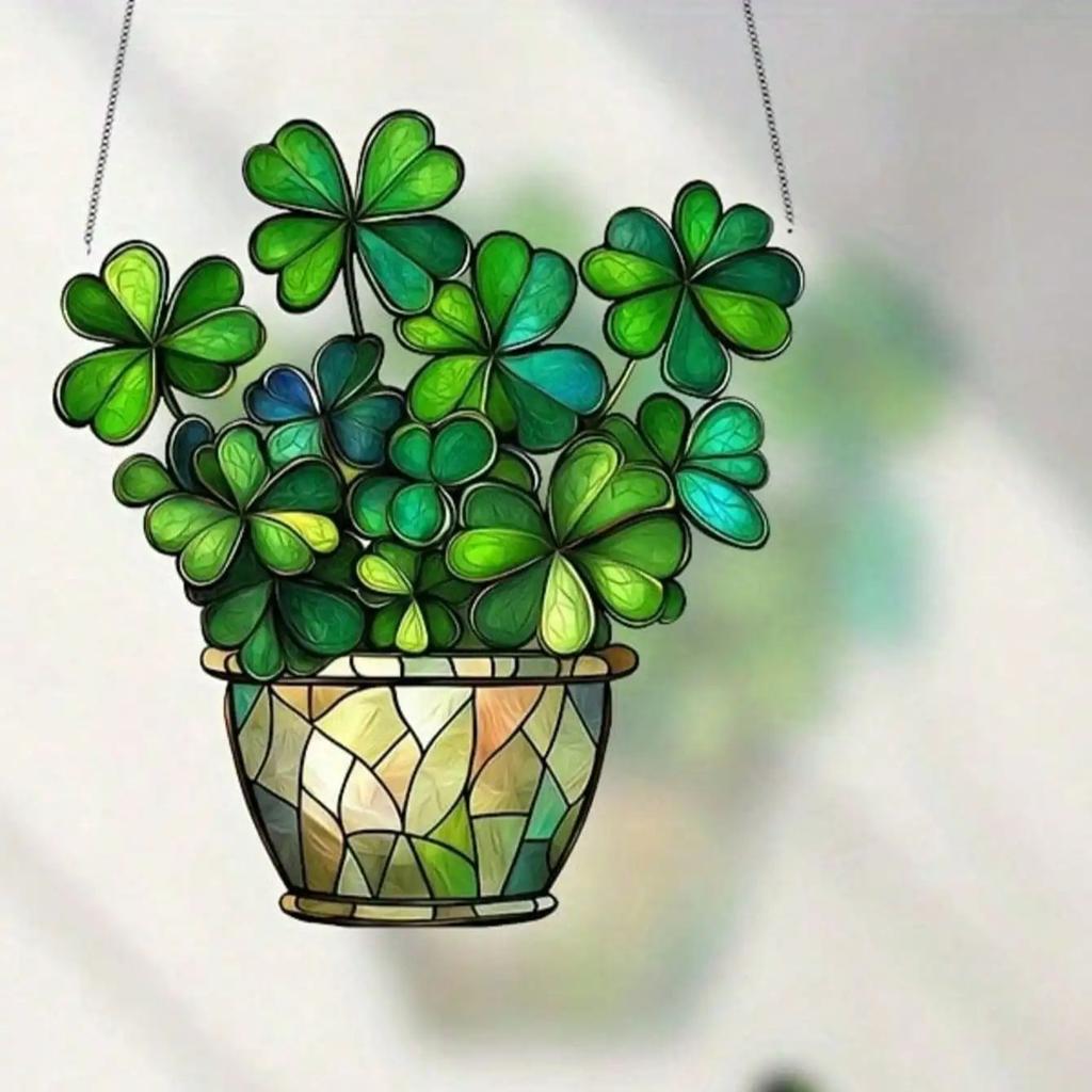 1PCS St. Patrick's Day Lucky Clover Sun Catcher - Window Hanging Decoration, Colorful Glass Style Home Office Light Catcher,