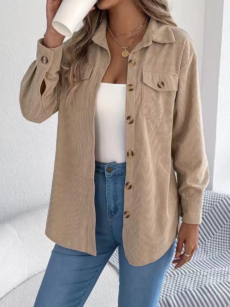 2025 Women's Casual European-American Corduroy Striped Shirt Jacket