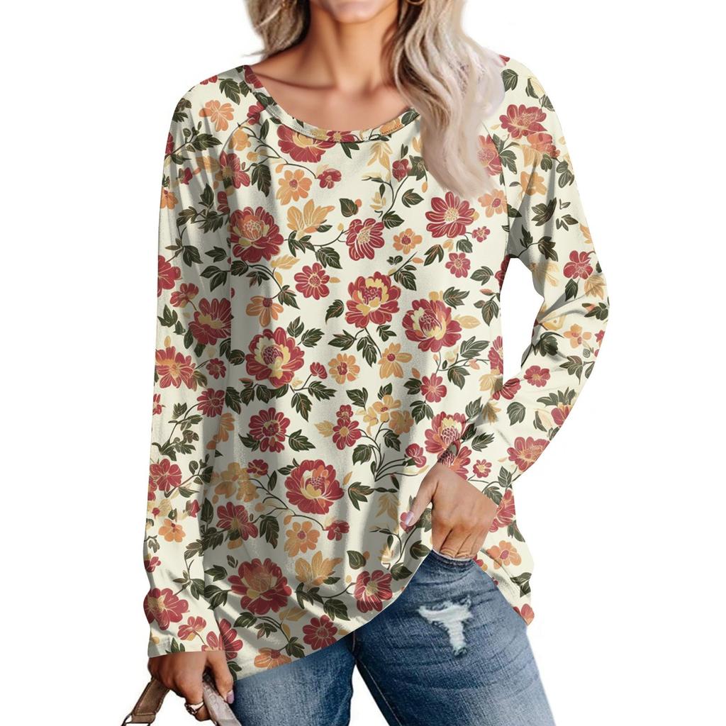 Women's Fashion Casual Long Sleeve  Print Round Neck Pullover Top Blouse