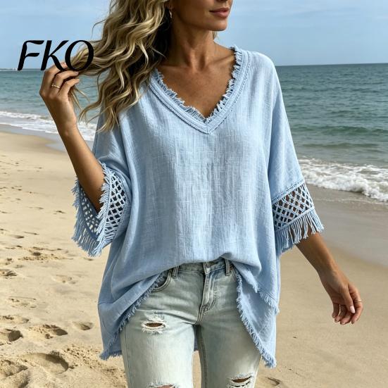 Casual Women Shirt Summer Tops for Women, V-Neck Half Sleeve Pullover Tops, Loose Basic Solid Color Fit Breathable Blouse Work Parties Wear