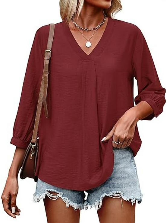 2026 Autumn/Winter Women's Retro V-neck Solid Color Loose Three-Quarter Sleeve Shirt