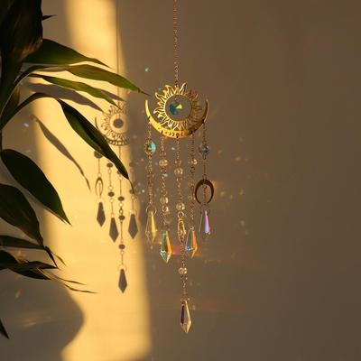 Pingente de Latão Lua de Fogo Sino de Vento de Cristal Apanhador de Sol Ornamento para Casa e Jardim