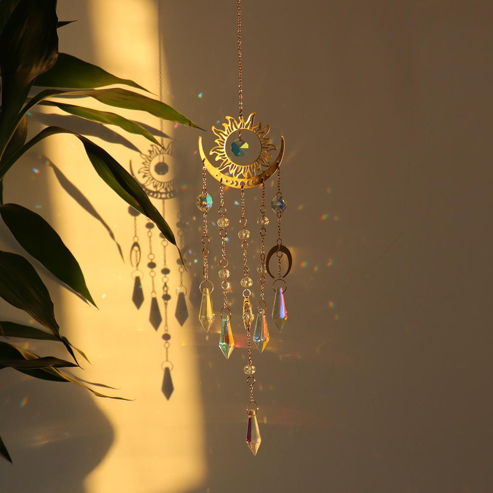 Flame Moon Brass Pendant Crystal Wind Chime Sun Catcher Ornament for Home and Garden