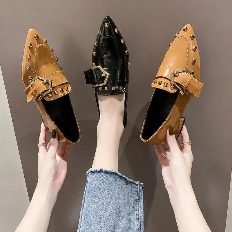 Women's Spring 2025 New Rivet Women's Pointed Toe Thick Heels British Style Loafer Female Slip On Shoes Zapatillas Mujer
