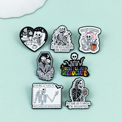 Creative Skull Brooch - Black & White Halloween Cartoon Badge with Simple Letter Design