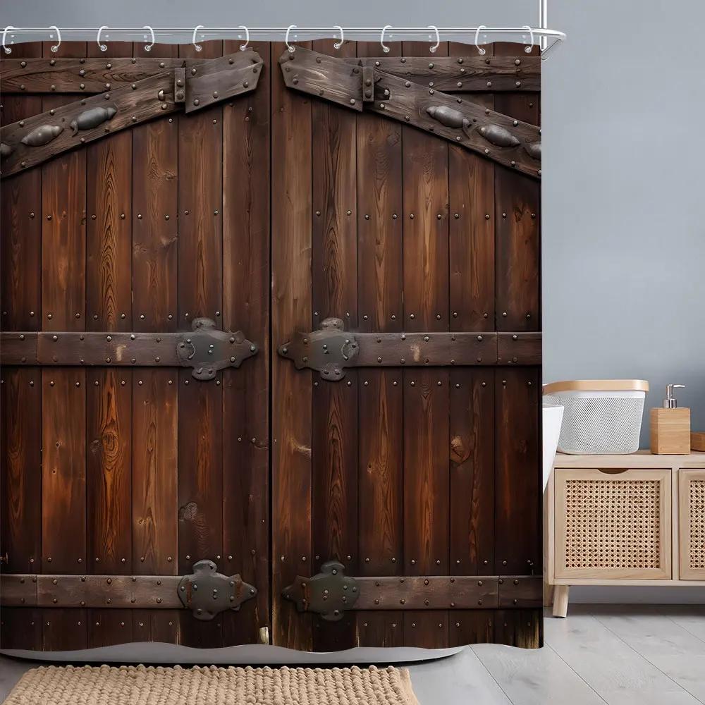 Vintage Wooden Door Shower Curtain Rustic Door Window Wheel Botanical Barn Polyester Shower Curtains Bathroom Decor with Hooks