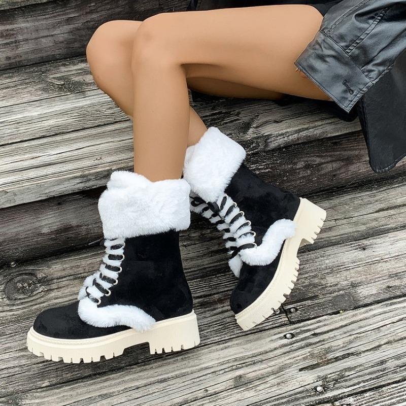 Plus-size Shoes, Fluffy and Warm Thick-soled Mid-calf Boots, Comfortable Round-toed Lace-up Snow Boots for Women
