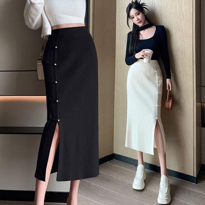 Falda Nacional de Punto de Estilo Chino Nuevo para Mujer Primavera Otoño Abertura Cadera Hebilla Retro Falda Midi