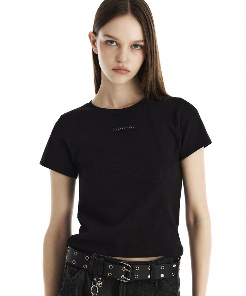 Teulimingbeodeu Slim-Fit Ribbed Short Sleeve T-Shirt [ Black ]