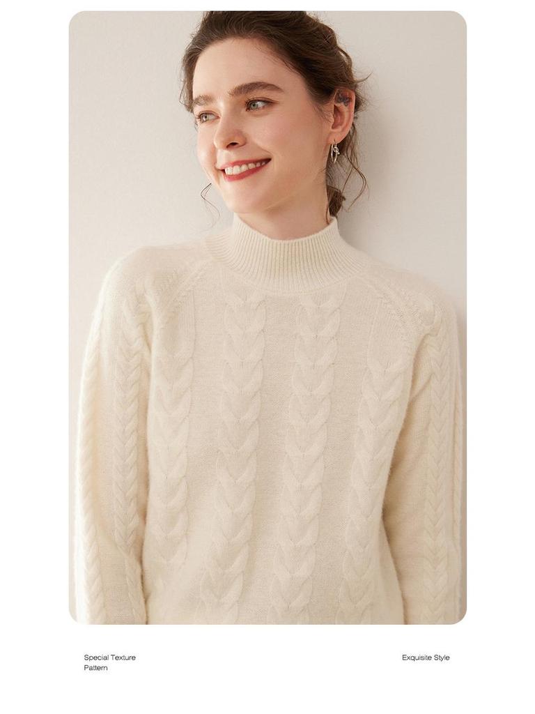 Women's Solid Color Twist Pattern Cashmere Sweater, Semi-high Neck, Loose Fit