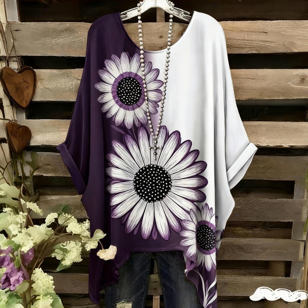 Damen Elegantes Bohemian Zweifarbiges T-Shirt - Herz & Blumendruck Mit Schmetterling Damenbekleidung Trend 2025 Grafik T-Shirts