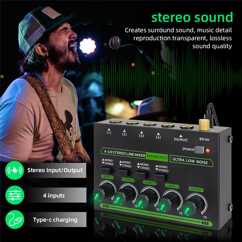 Mix400 Pro 4-канальный профессиональный звуковой микшер со RGB-подсветкой Мини-аудиомикшер Линейный микшер Малый аудиомикшер для клуба бара
