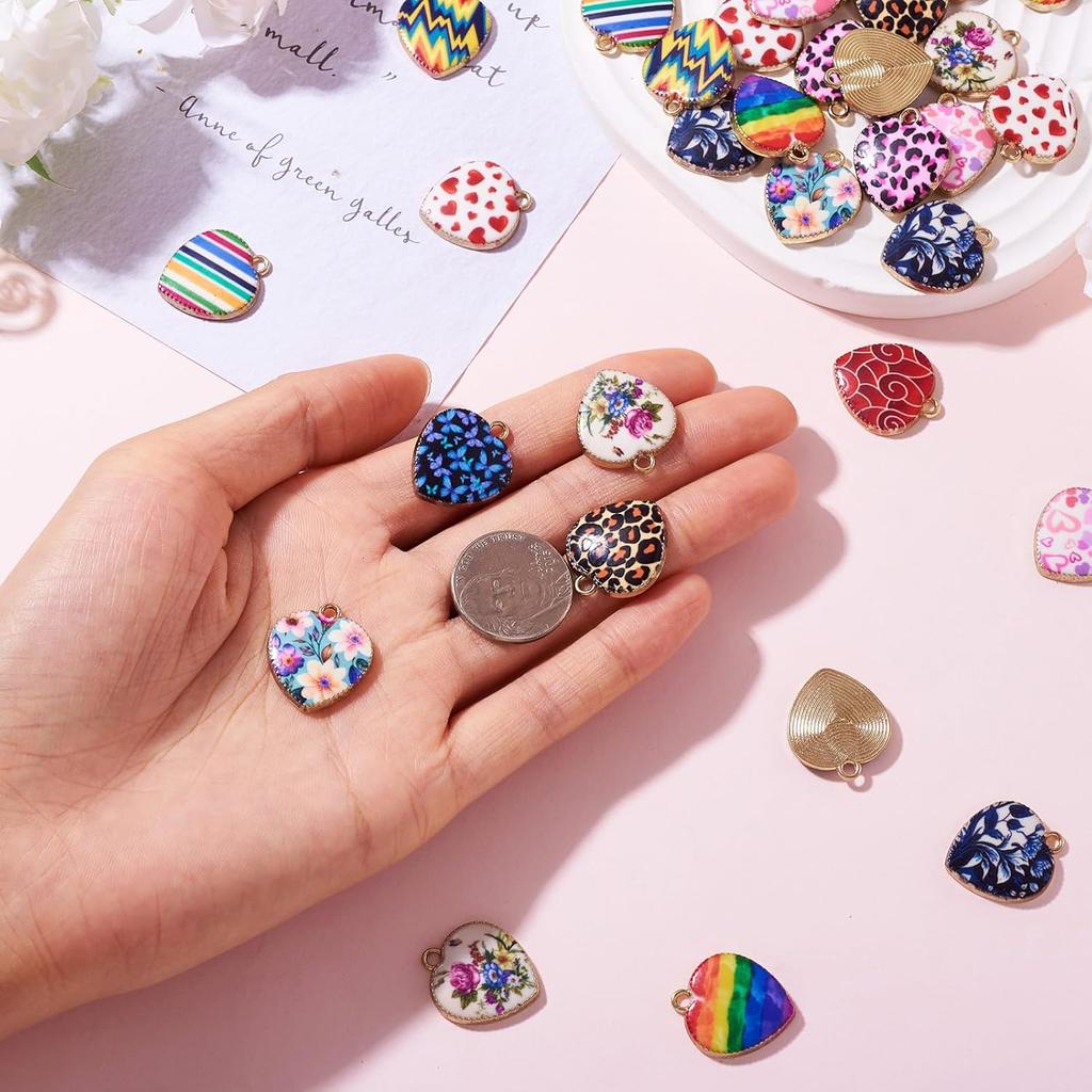 Craftdady 48 Stück Emaille Herz Anhänger Blume Regenbogen Streifen Leopard Muster Herz Metall Anhänger Bunte Legierung Valentinstag Herz Anhänger für