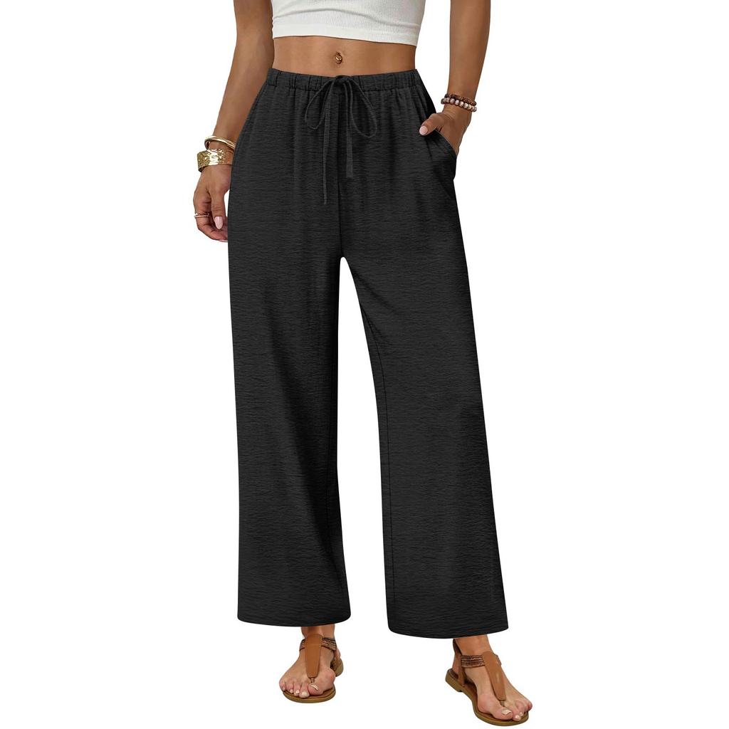 Women's Fashionable Wide-Leg Drawstring Pocket Plain Loose-Fit Cropped Casual Trousers