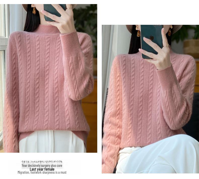 Women's Retro Cable Knit Wool Sweater - Ancola Red Long Sleeve, Half-High Neck, Autumn Winter Style
