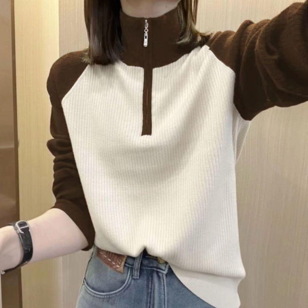 2024 Fall/Winter Women's Warm Base Layer High Neck Zipper Color Block Sweatshirt
