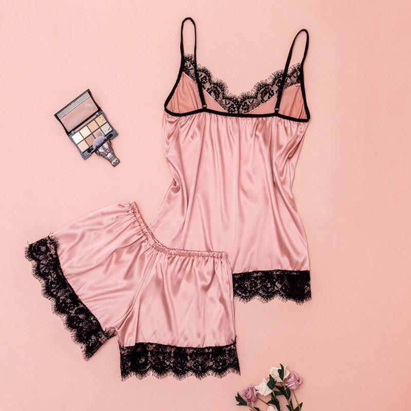 Women's Satin Pajama Set Lace Trimmed Pajamas V Neck Camisole Shorts Trousers Summer Home Wear 3 Piece Pajamas Home Wear Set