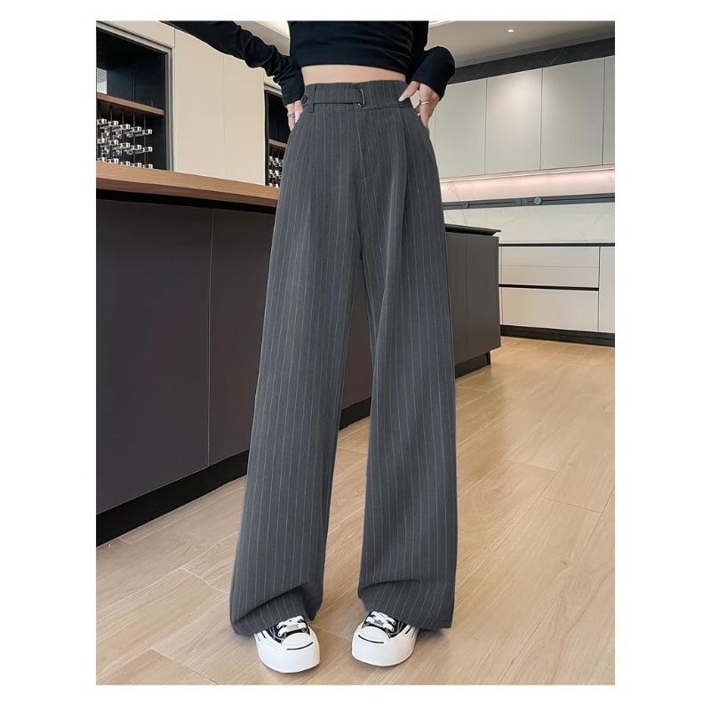 Herbst Vintage Gestreifte Lockere Damen Weite Hosen Knöpfe Frühling Hohe Taille Gerade Büro Voll Langes Hosen