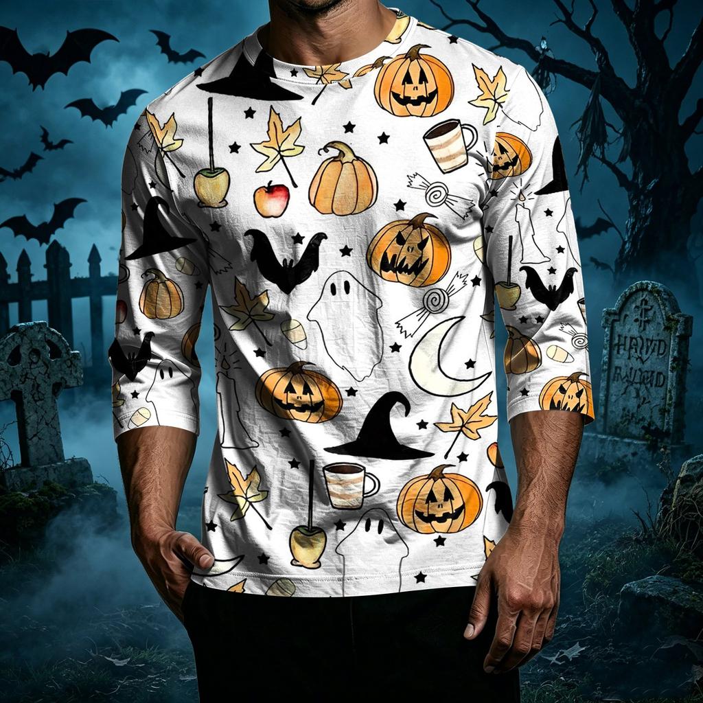 Men Casual Halloween Print Raglan Sleeve T Shirt Crew Neck Three Quarter Sleeve Top Lightweight Comfortable Fit