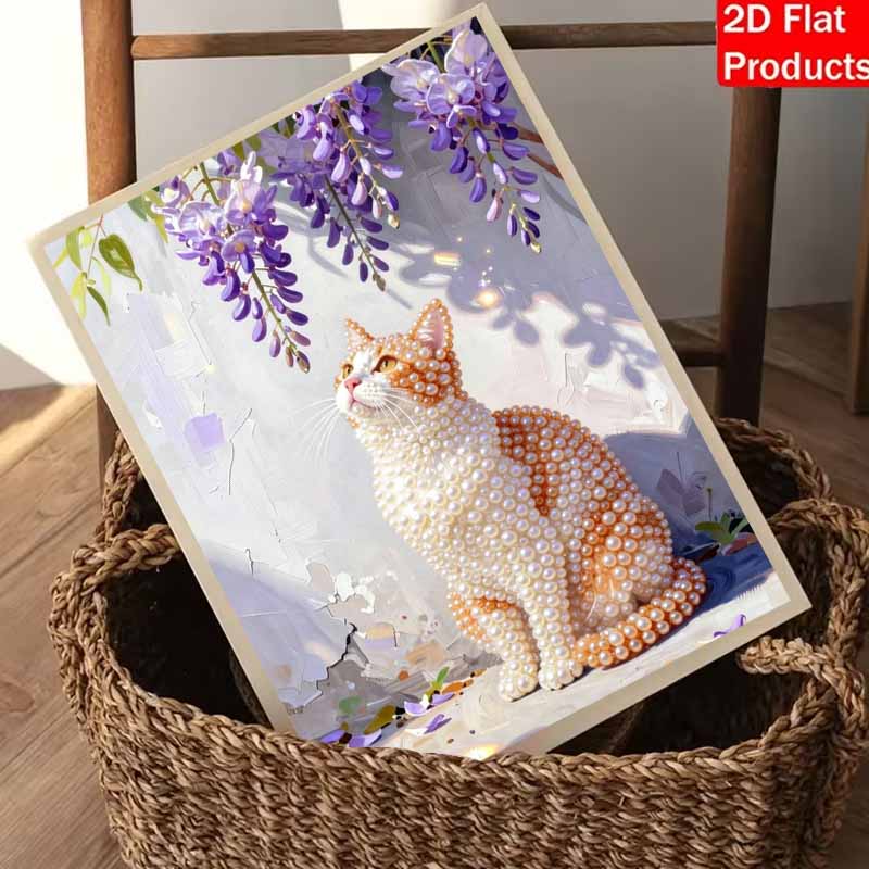 Cute Cat Pearl Painting Handmade DIY 5D Creative Ornaments Living Room Home Decoration Painting with Wisteria Flowers