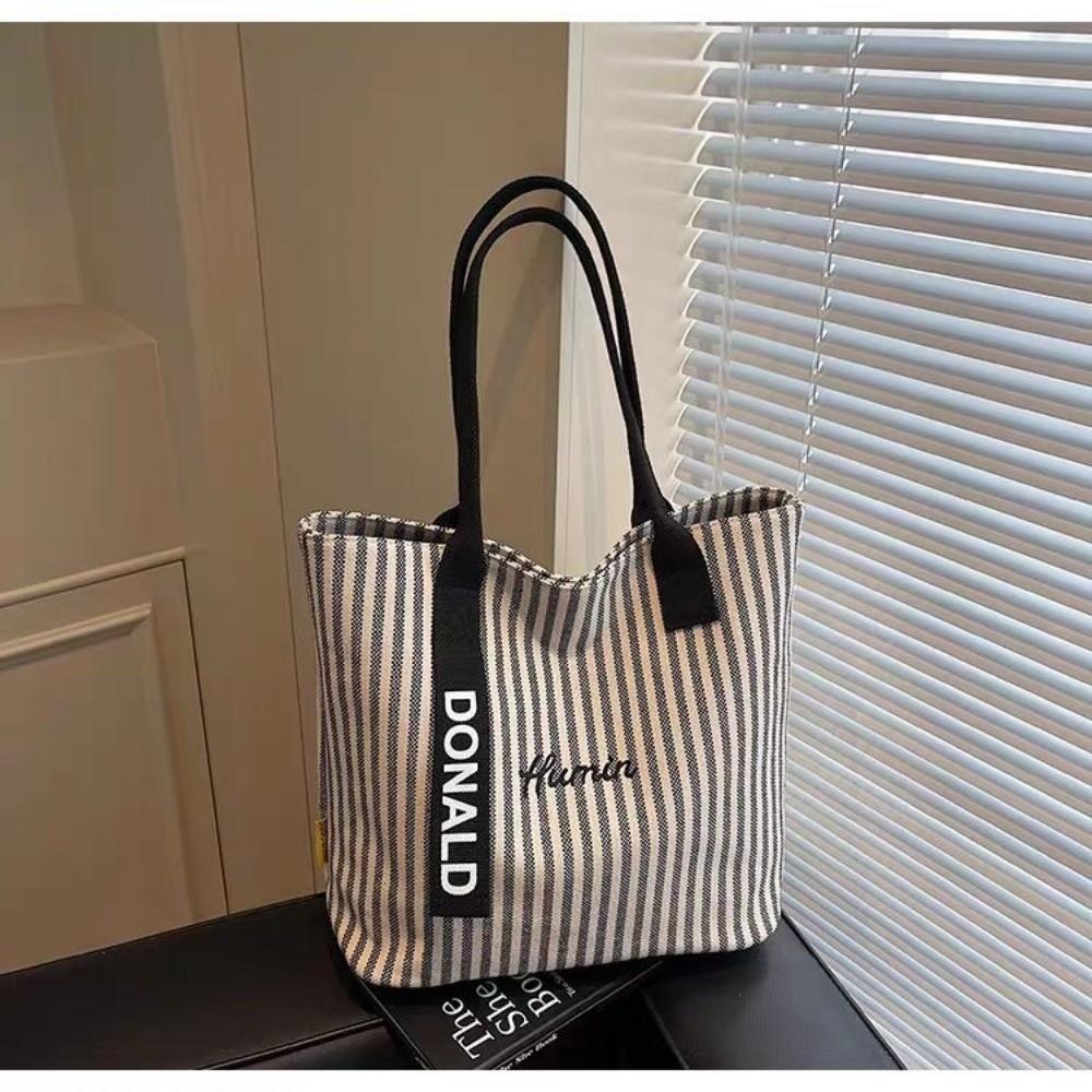 Fashion Striped Tote Bag Large Capacity Canvas Shoulder Bag Multifunctional Commuting Bag Women