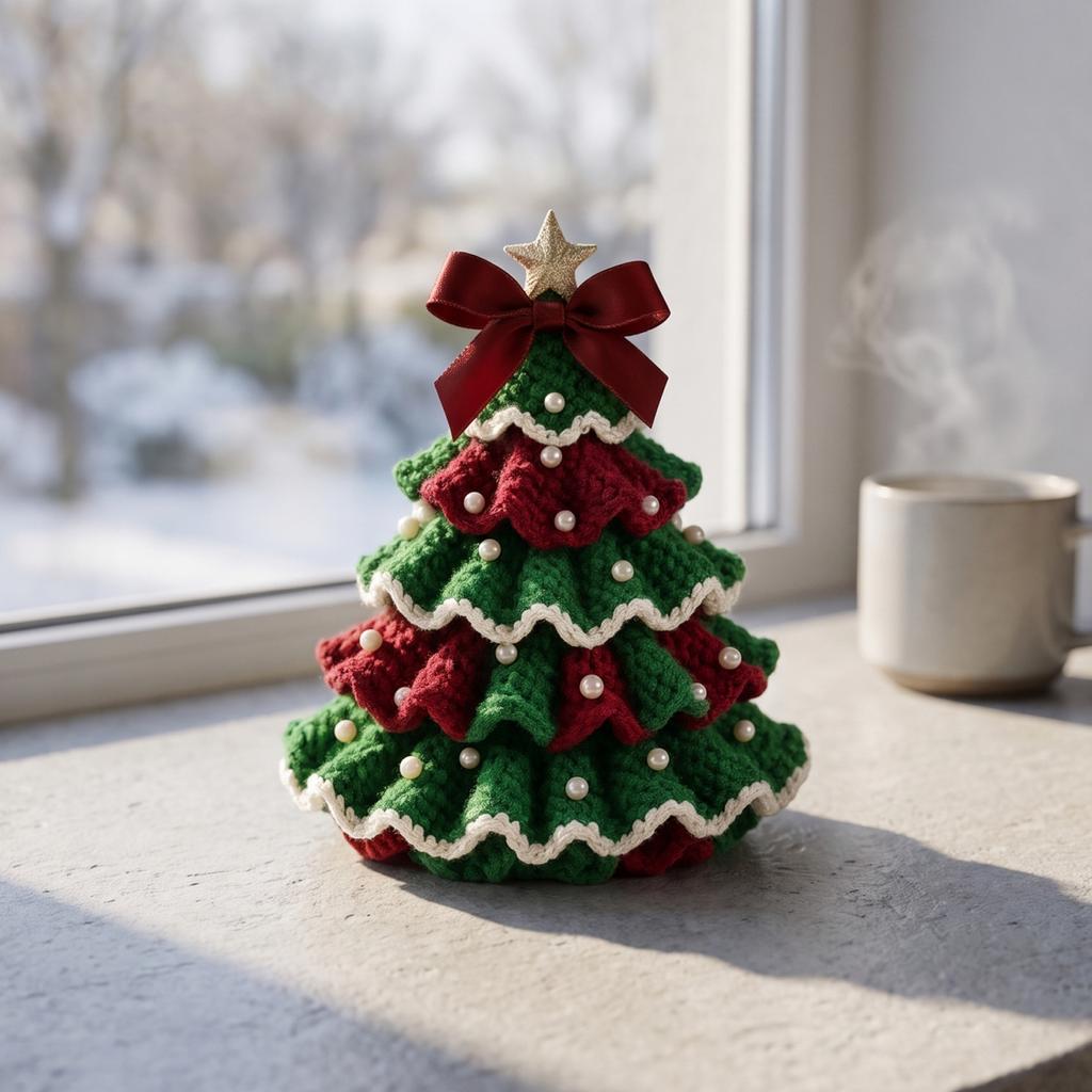 Decorative Yarn Tree for Bookshelves DIY Crochet Christmas Kit,Beginner-Friendly Xmas Craft Kit with Bow Complete Starter And Faux Pearl Embellishment