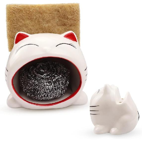Sponge Holder for Kitchen Cute Ceramics Kitchen Sink Caddy, Sink Sponge Rack Kawaii Cartoon Kitchen Dish Sponge Organizer Suitable for Kitchen
