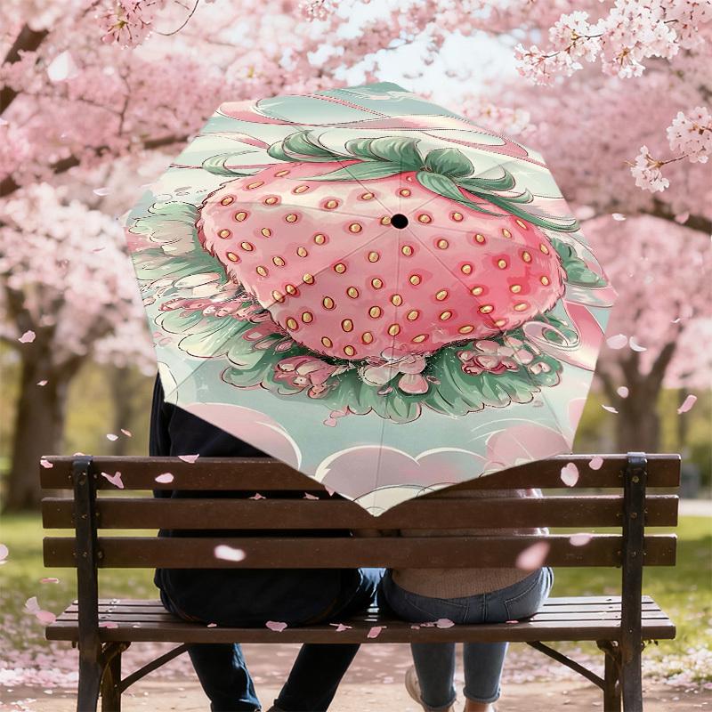 1pc Strawberry Ribbon Automatic Open/Close Umbrella Compact Folding Umbrella with 8-Rib Shaft for Women/Men, Elegant Birthday1175S