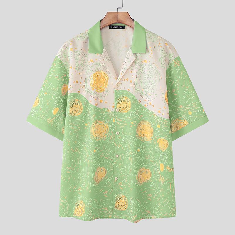 INCERUN Мужские повседневные рубашки оверсайз с лацканами, коротким рукавом и принтом 2XL зелёный