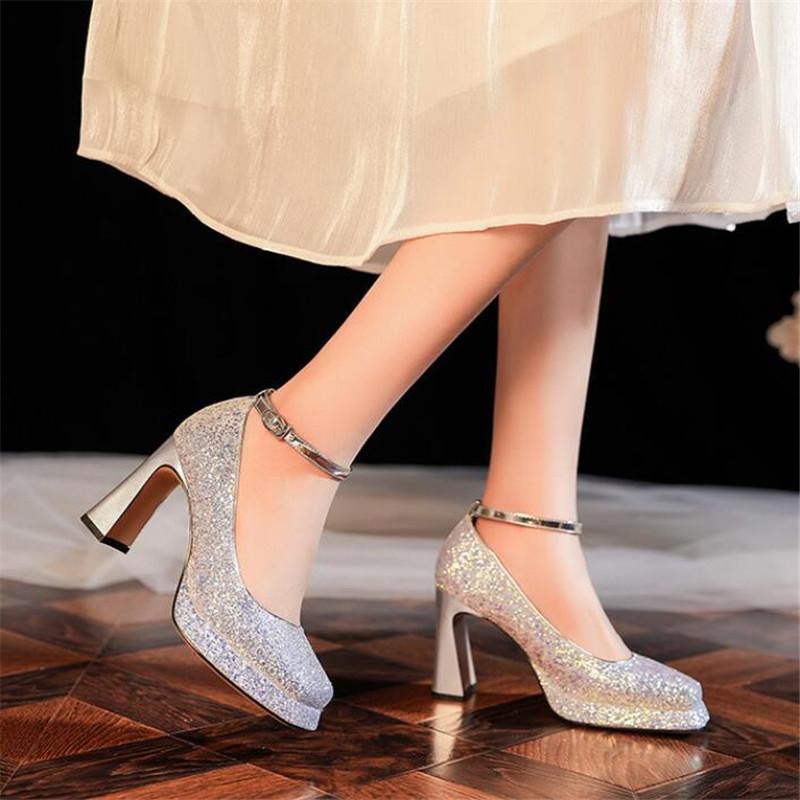 Mote Bling Paljetter Pumps Damesko Plattform Høye Hæler Bryllupsfestsko Gull Sølv Bankett Høye Hæler Damesko