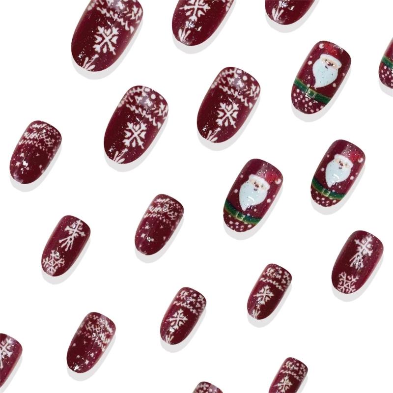 24 Stück rote, glitzernde, kurze, ovale künstliche Fingernägel mit Schneeflocken-Weihnachtsmann-Motiv, 3D-Drucknagel zum Aufkleben für die Weihnachtsfeier