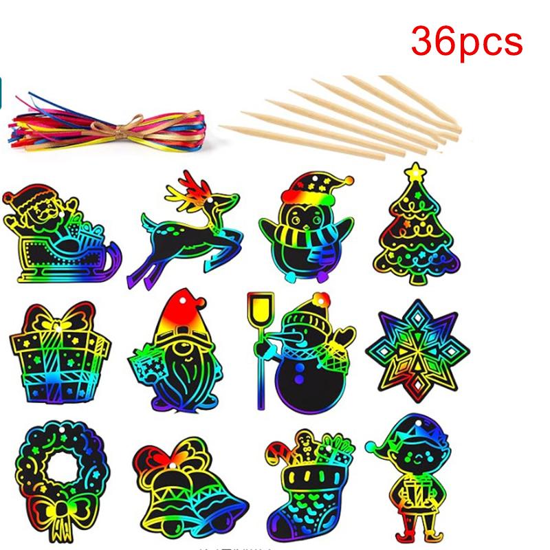 12/24/36Pcs Christmas Scratching Card DIY Art Painting Graffiti Art Christmas Tree Decoration Xmas Children Gift Festival Home Decor