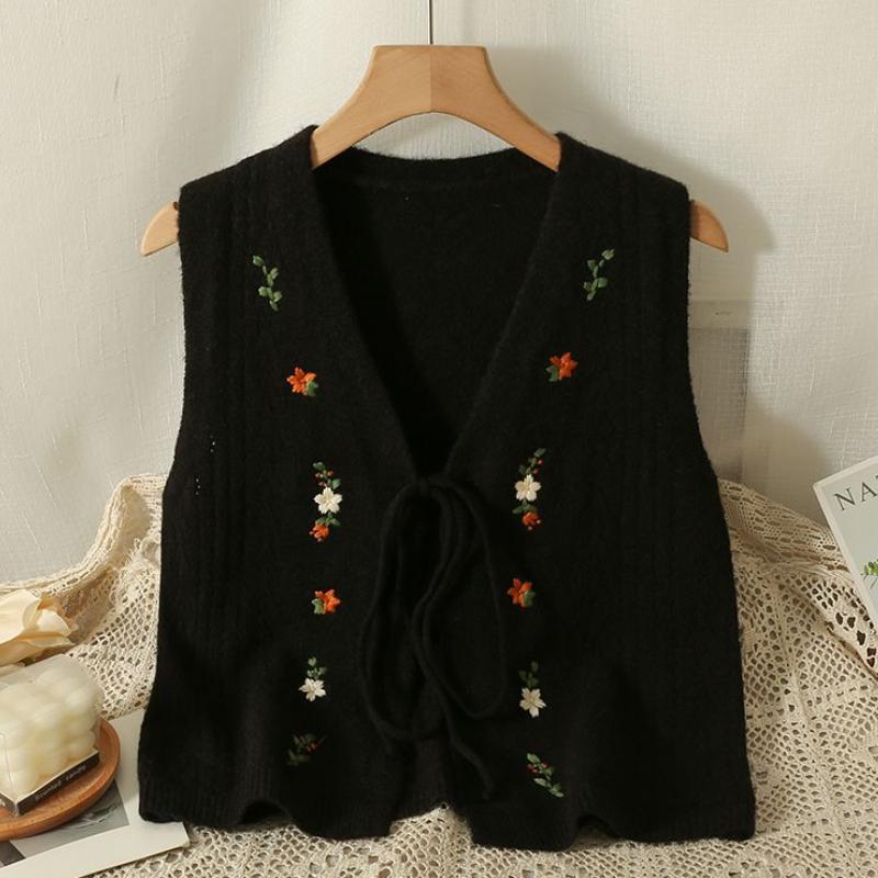 

Bow Tie V-neck Knitted Vest Women s Autumn Outerwear Sweet Sleeveless Sweater Vest XL чорний