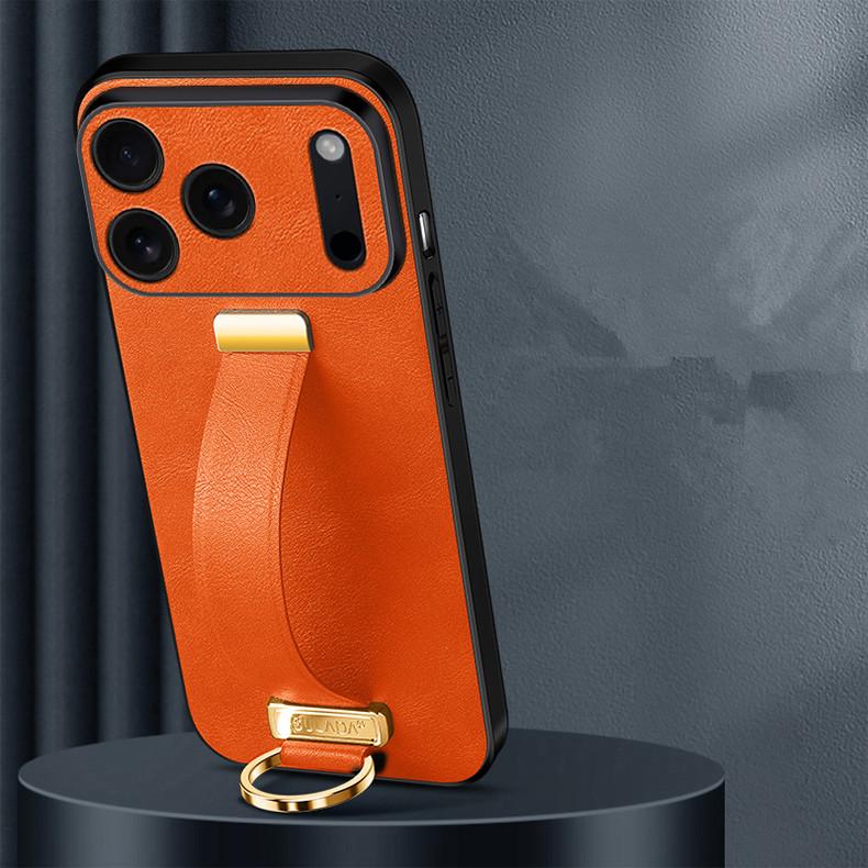 Elegant Wristband Leather Case For iPhone 17 Air 16 Pro Max 15 Plus Streatchable Stand Cover Elegant Business Finger Ring