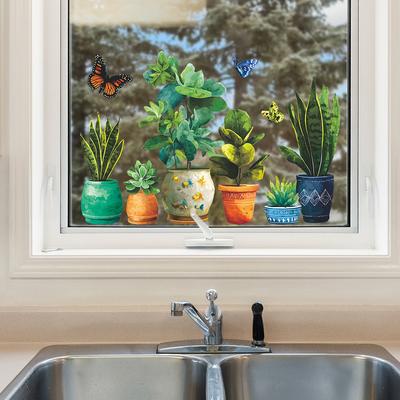 Painted Artificial Plant Potted Plants and Butterfly Living Room Home Wall Decoration Stickers