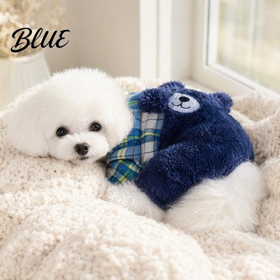 Leash Ring Dog Clothing Fuzzy Bear Jumpsuit Cute Plaid Outfit
