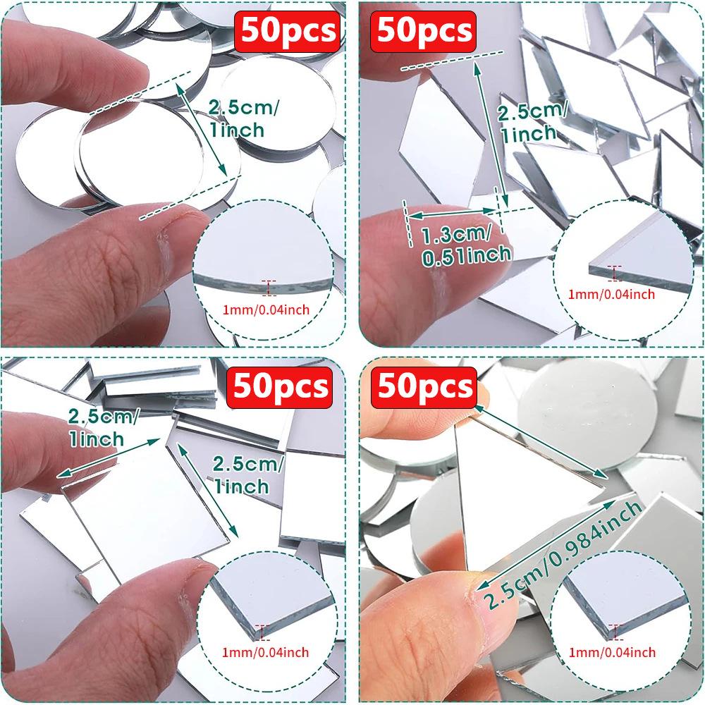 200-teiliges Acryl-Spiegelaufkleber-Set: Formen: Raute, Quadrat, Dreieck, Rund, Herz - Selbstklebend, 2,5 cm