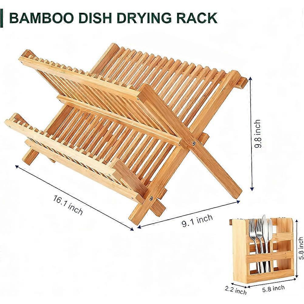 Dish Drying Rack 2-Tier Bamboo Dish Rack for Kitchen Counter Wooden Dish Drainer with Foldable Space-for Dishes, Plates