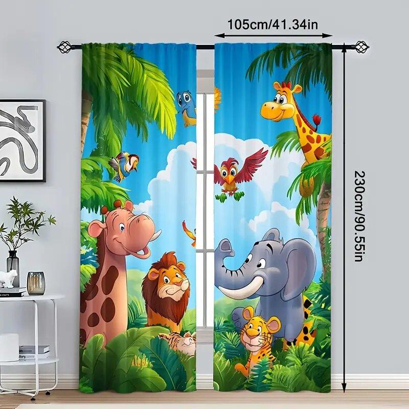 Set Of 2 Elephants Giraffes Lions Tigers Children Room Decorations Print Curtains Pole Bag Home Decoration Curtain Polyester