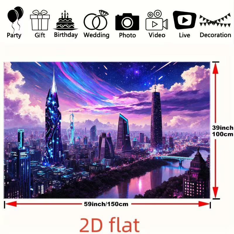 2D Dreamy Sci-Fi Purple Skyline Backdrop for Room Decor & Photoshoot