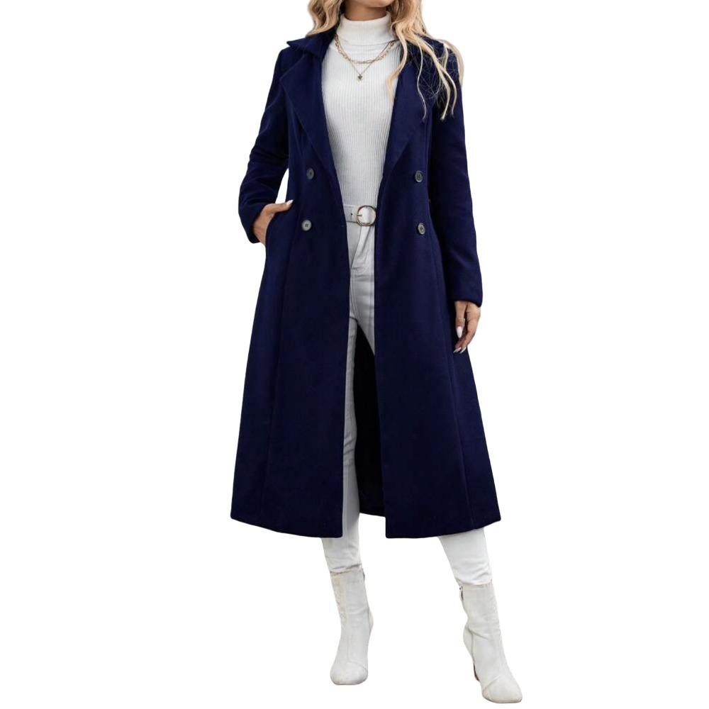 Women's Lapel Long Sleeve Maxi Wool Coat Loose Fit Double Breasted Overcoat With Self Tie Belt Plaid Solid Color Winter Outerwear