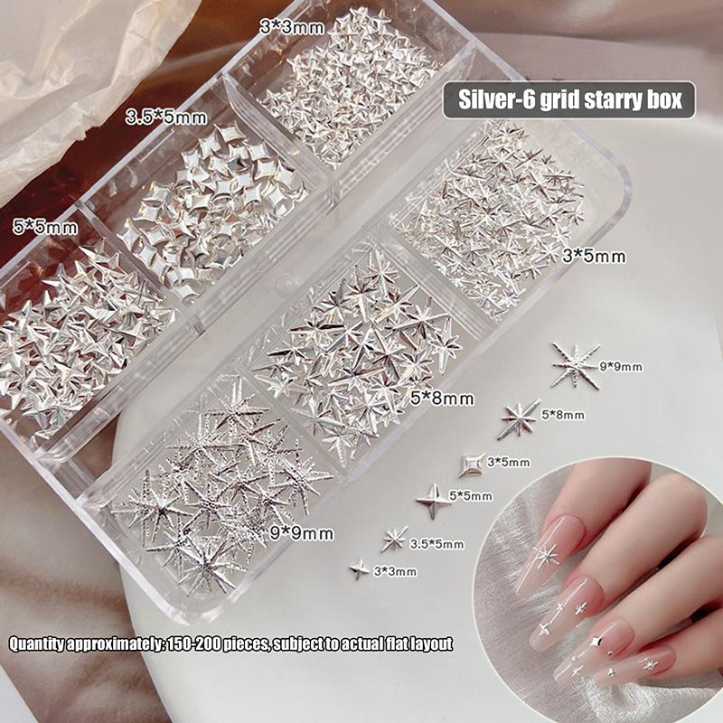 6-Piece Metal Gold & Silver Rhinestone Nail Art Accessories Flat-Back Starburst & Five-Pointed Star Gemstone Embellishments