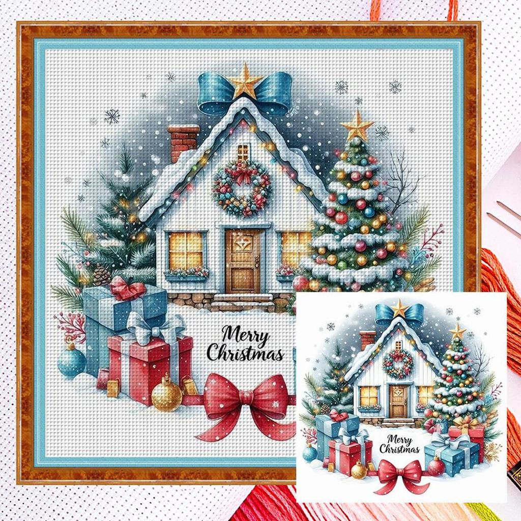 Christmas Cottage Full 14CT DIY Counted Cross Stitch Kits for Beginners Adults Home Decor Cross Stitch Embroidery Kits 40x40cm