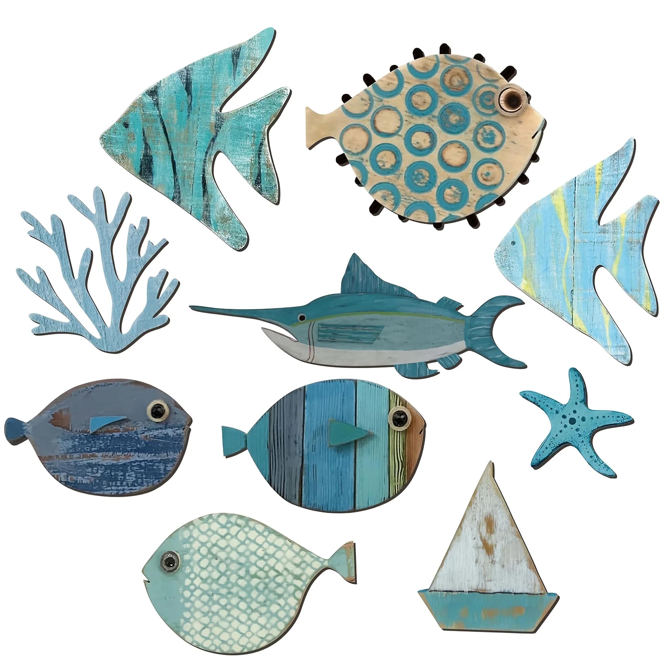 

Nautical Coastal 10pcs Wooden Fish Wall Decor - Cute Non-3D Pattern Hanging Art Beach Theme Ocean Home & Bathroom Decoration