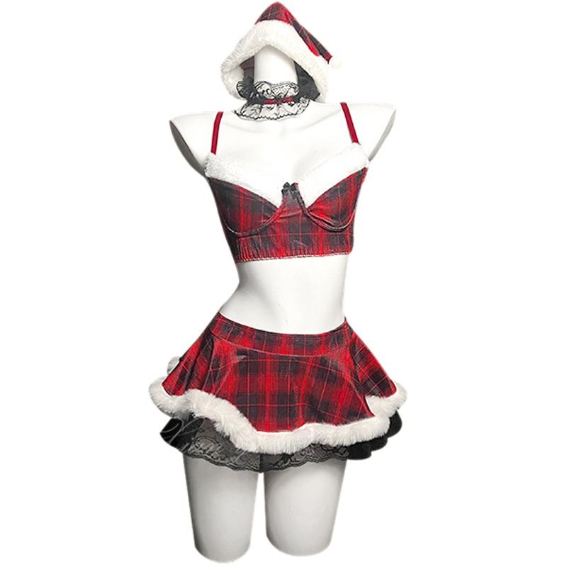 Erotic Sexy Lingerie Women Lace Red Plaid Christmas Costume Santa Claus Sexy Uniform Outfits Cosplay