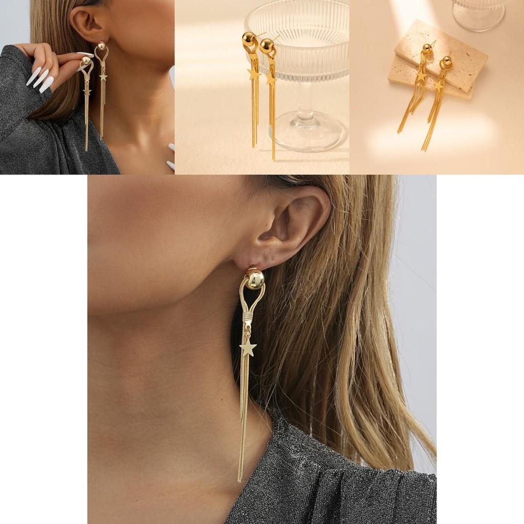 Trendy Gold Star Drop Earrings For Women Fashionable Asymmetric Tassel Style